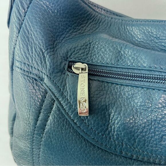 Stone & Co Pebbled Leather Teal Blue Hobo Shoulder Bag - Picture 7 of 15